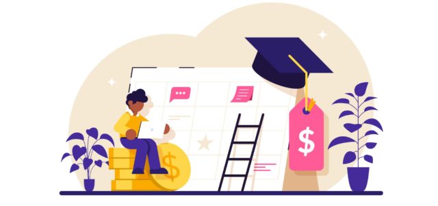 Animated student sitting on top of coins looking at a school calendar