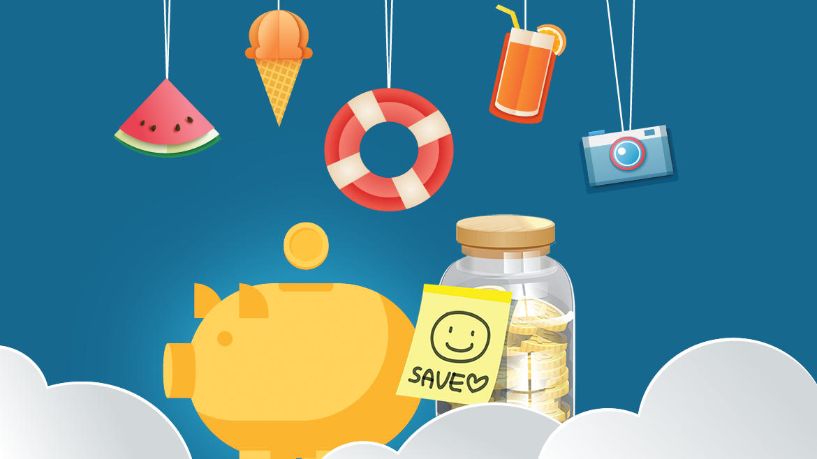 piggy bank with summer icons (umbrella, drink, ect)