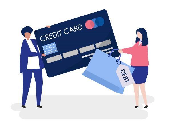 Two cartoon people holding credit cards