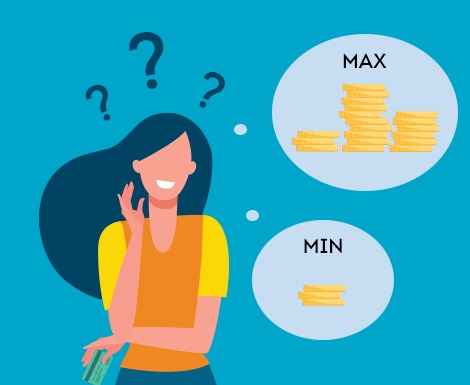 Cartoon woman questioning stacks of coins