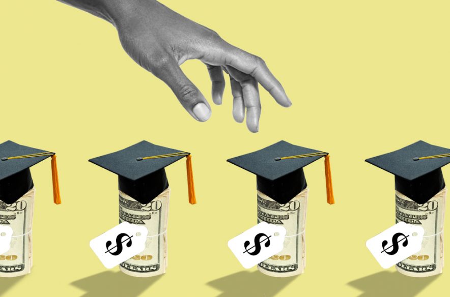 hand reaching out to stacks of money with graduation caps