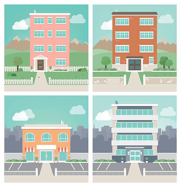 Apartment, house, office and shop in a collage